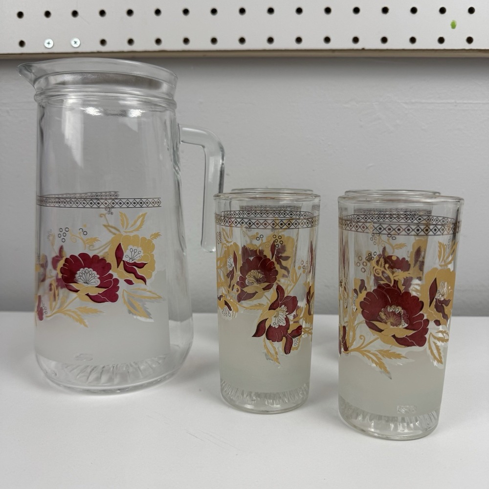 Vtg Cerve Italian frosted floral glass‎ pitcher Set 4 glasses MCM Regency Boho